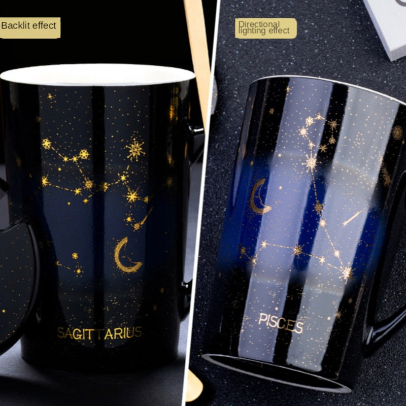 12 Constellations Creative Mugs With Golden Spoon and Lid in White, Dark Blue and Black 420 ml