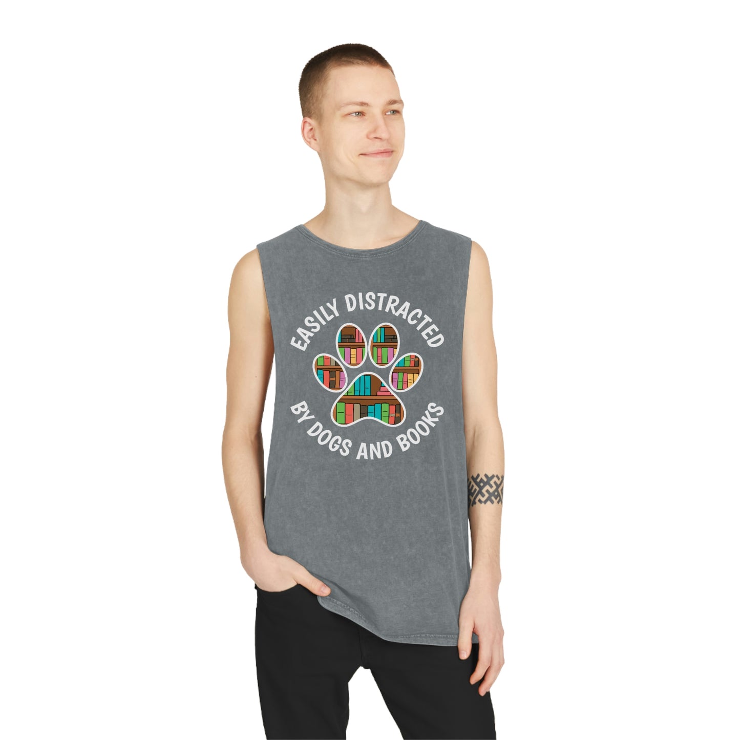 Unisex Stonewash Tank Top Easily Distracted By Dogs and Books - The T-shirt for Dog Lovers