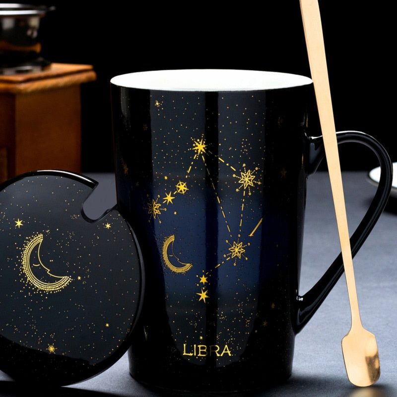 12 Constellations Creative Mugs With Golden Spoon and Lid in White, Dark Blue and Black 420 ml