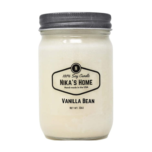 Nika's Home Vanilla Bean Soy Candle - 12oz Mason Jar - Non-Toxic White Soy Candle-Hand Poured Handmade, Long Burning 50-60 Hours Highly Scented All Natural, Clean Burning Large Candle Gift Home Décor