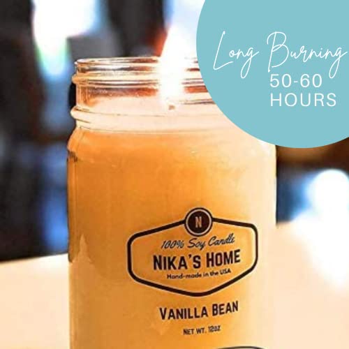 Nika's Home Vanilla Bean Soy Candle - 12oz Mason Jar - Non-Toxic White Soy Candle-Hand Poured Handmade, Long Burning 50-60 Hours Highly Scented All Natural, Clean Burning Large Candle Gift Home Décor