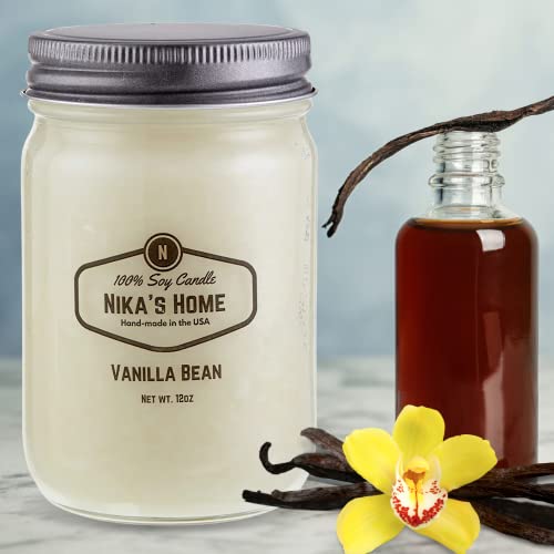 Nika's Home Vanilla Bean Soy Candle - 12oz Mason Jar - Non-Toxic White Soy Candle-Hand Poured Handmade, Long Burning 50-60 Hours Highly Scented All Natural, Clean Burning Large Candle Gift Home Décor