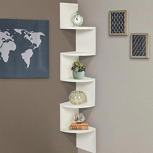 BAKAJI Libreria Scaffale Mensole da Parete Angolare Design Moderno in Melamina Effetto Legno con 5 Ripiani ad Angolo Dimensioni 123 x 20 cm (Bianco)