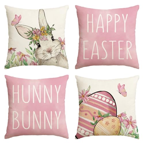 AVOIN colorlife Happy Easter Hunny Bunny Pink Throw Pillow Covers, 18 x 18 Inch Easter Eggs Bunny Spring Cushion Case for Sofa Couch Set of 4