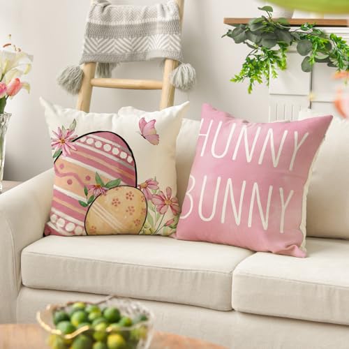 AVOIN colorlife Happy Easter Hunny Bunny Pink Throw Pillow Covers, 18 x 18 Inch Easter Eggs Bunny Spring Cushion Case for Sofa Couch Set of 4