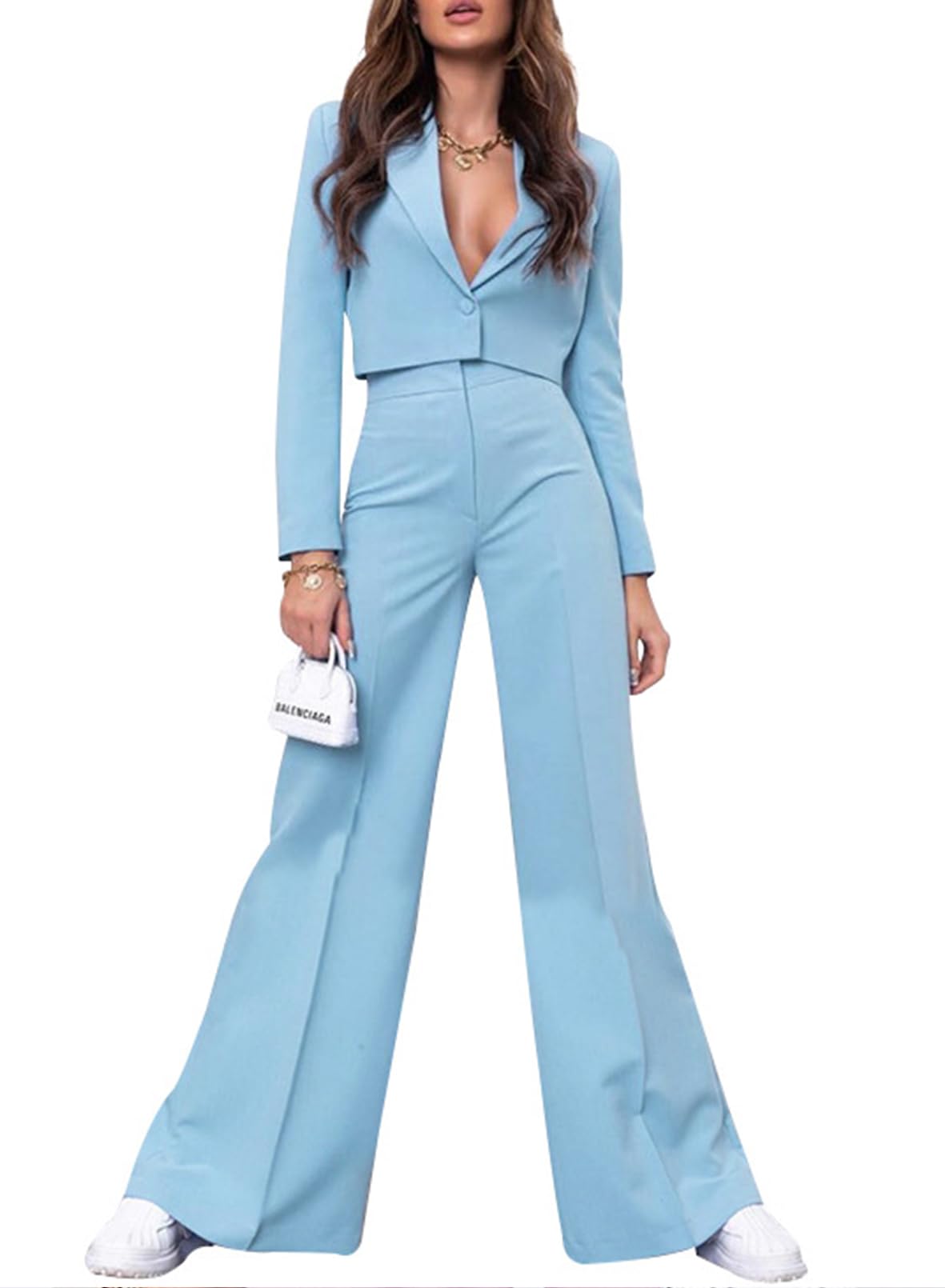 Women's Suits 2 Piece Set 2024 Spring Casual Wrap Crop Blazers Jackets Wide Leg Pants Outfits for Work Business