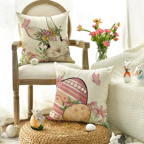 AVOIN colorlife Happy Easter Hunny Bunny Pink Throw Pillow Covers, 18 x 18 Inch Easter Eggs Bunny Spring Cushion Case for Sofa Couch Set of 4