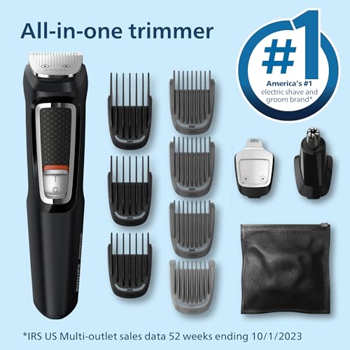 Philips Norelco Multi Groomer All-in-One Trimmer Series 3000-13 Piece Mens Grooming Kit for Beard, Face, Nose, Ear Hair Trimmer and Hair Clipper - NO Blade Oil Needed, MG3740/40