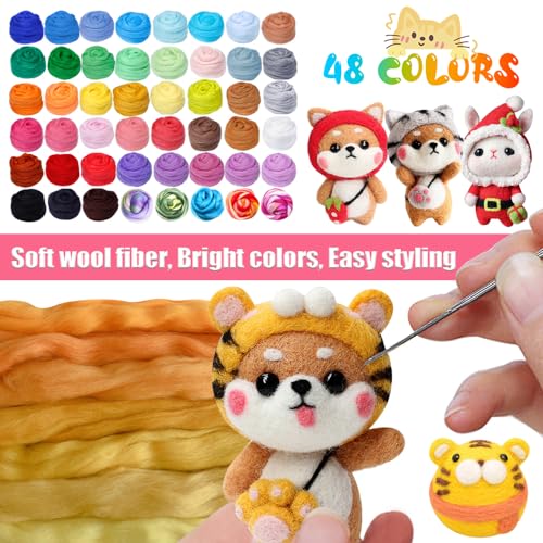 YUTUY 48 Colors of Wool Felt,Wool Felt Kit,Carded Wool Kit,Needle Felt Starter Kit,with Felt Tools,Made Tools for DIY Needle Felt and Hand Creating Gifts