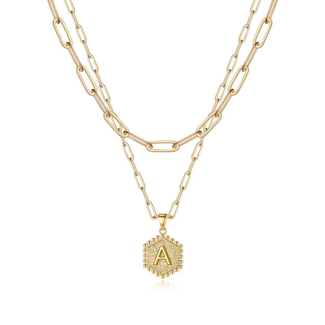 MMOOHAM Dainty Gold Initial Hexagon Necklace - Layered Choker for Women and Teen Girls