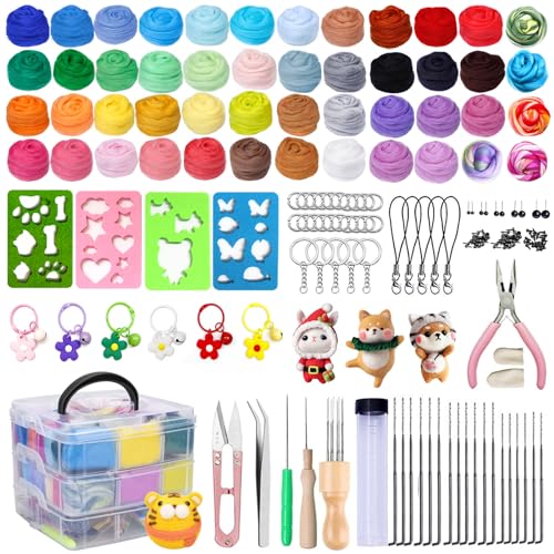 YUTUY 48 Colors of Wool Felt,Wool Felt Kit,Carded Wool Kit,Needle Felt Starter Kit,with Felt Tools,Made Tools for DIY Needle Felt and Hand Creating Gifts