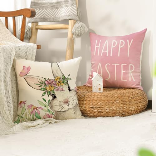 AVOIN colorlife Happy Easter Hunny Bunny Pink Throw Pillow Covers, 18 x 18 Inch Easter Eggs Bunny Spring Cushion Case for Sofa Couch Set of 4