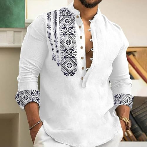 White Geometry S 2024 Linen Shirts for Men Henley Long Sleeve Casual Banded Collar Button Vintage Beach Hawaiian T Shirt