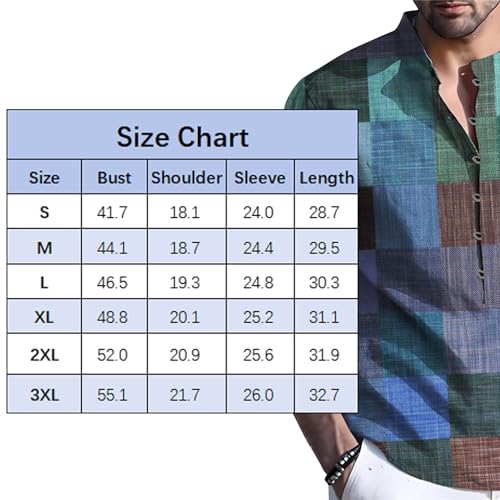 White Geometry S 2024 Linen Shirts for Men Henley Long Sleeve Casual Banded Collar Button Vintage Beach Hawaiian T Shirt