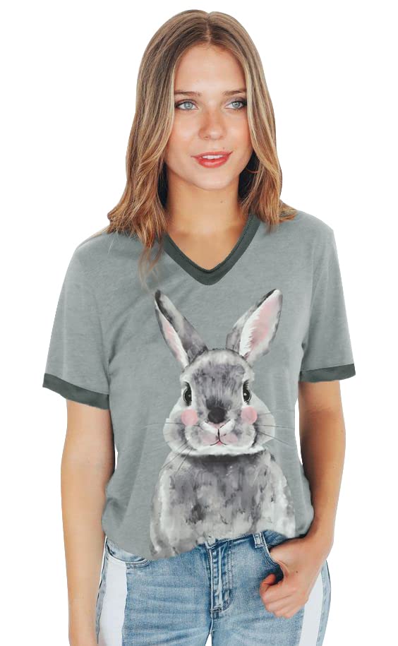 Easter Bunny Shirt for Women Cute Rabbit Short Sleeve V Neck Tee Casual Printed Holiday Tops Gray