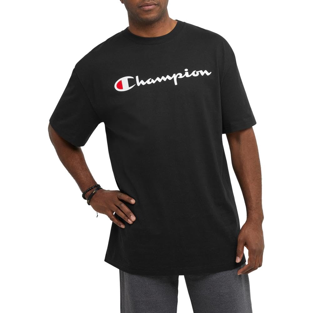 Champion, Cotton Midweight Crewneck Tee, T-Shirt for Men, (Reg. or Big & Tall), Black Script, 4X-Large