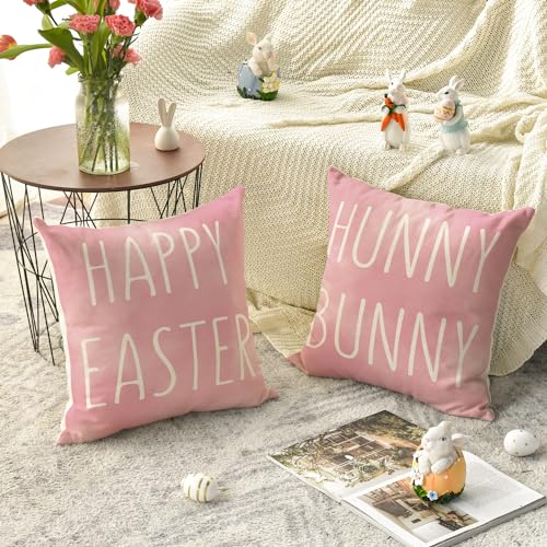 AVOIN colorlife Happy Easter Hunny Bunny Pink Throw Pillow Covers, 18 x 18 Inch Easter Eggs Bunny Spring Cushion Case for Sofa Couch Set of 4