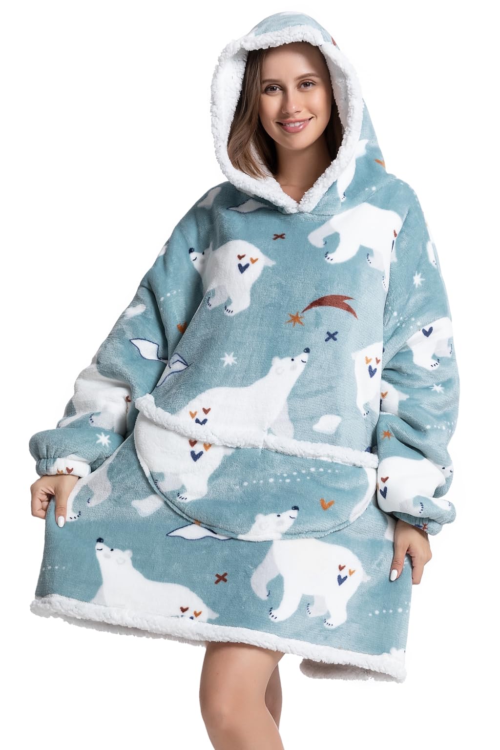 Ksnnrsng Felpe con Cappuccio Donna Uomo Bambine Giganti Oversize Pullover Blanket Hoodie Confortevole Felpa Coperta con Tasca Cappotto Felpone (Orso Polare-Adulto)