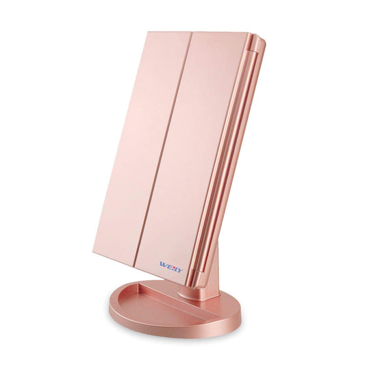 WEILY Specchio per il trucco da toeletta, 1x/2x/3x Specchio per il trucco ripiegabile con 21 luci a LED e specchietti retrovisori illuminati con touch screen regolabili (oro rosa)