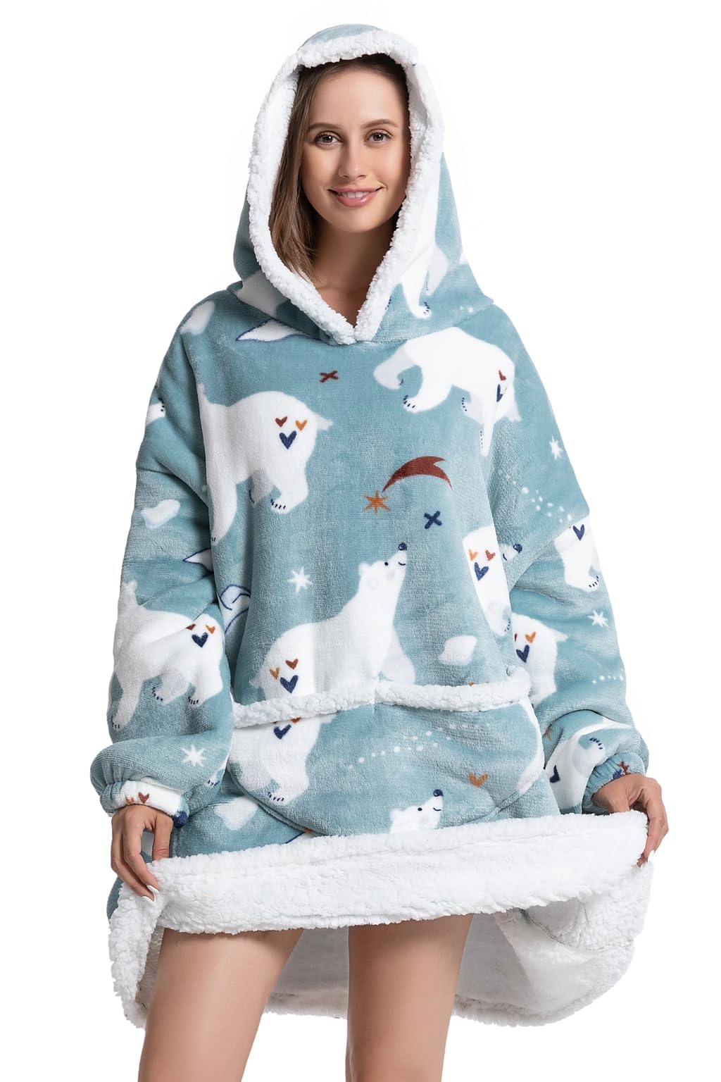 Ksnnrsng Felpe con Cappuccio Donna Uomo Bambine Giganti Oversize Pullover Blanket Hoodie Confortevole Felpa Coperta con Tasca Cappotto Felpone (Orso Polare-Adulto)