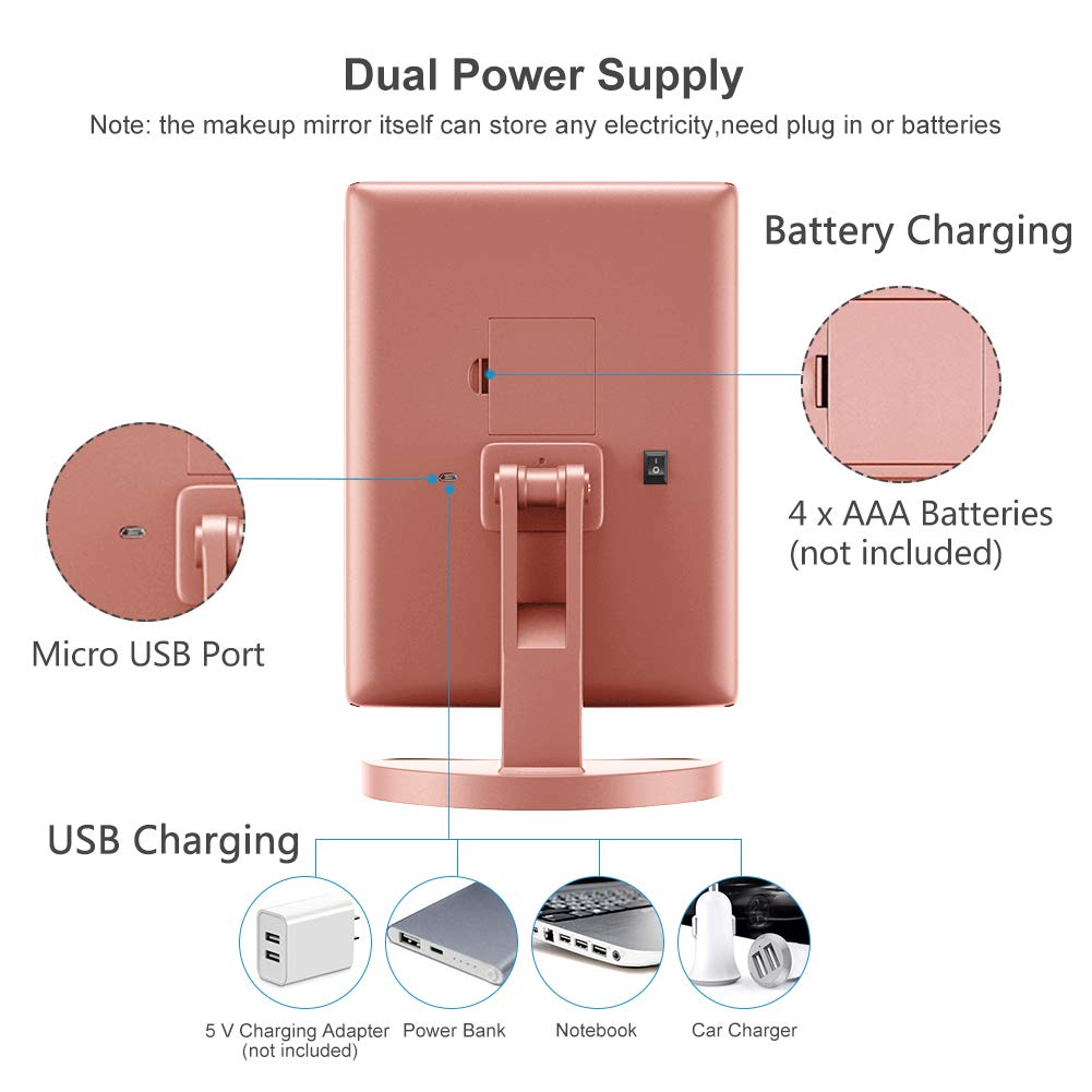 WEILY Specchio per il trucco da toeletta, 1x/2x/3x Specchio per il trucco ripiegabile con 21 luci a LED e specchietti retrovisori illuminati con touch screen regolabili (oro rosa)