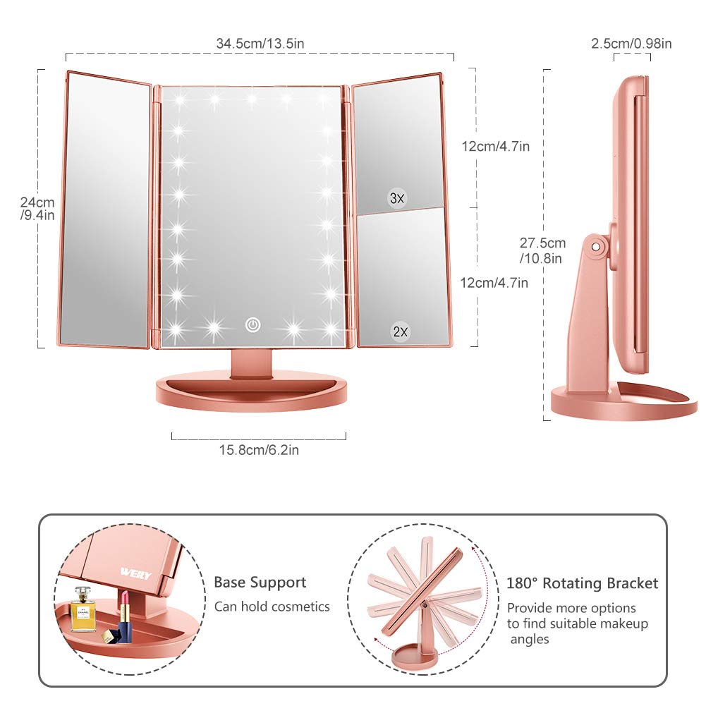 WEILY Specchio per il trucco da toeletta, 1x/2x/3x Specchio per il trucco ripiegabile con 21 luci a LED e specchietti retrovisori illuminati con touch screen regolabili (oro rosa)