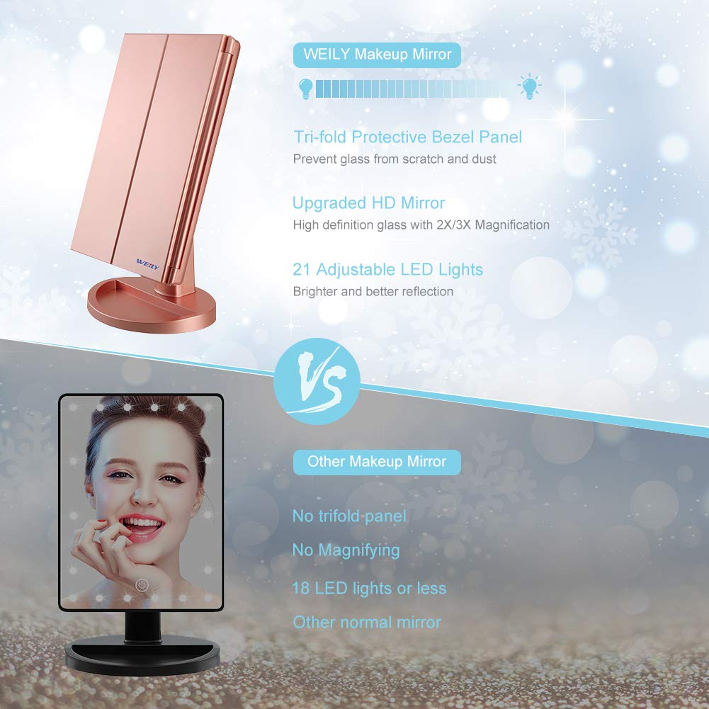 WEILY Specchio per il trucco da toeletta, 1x/2x/3x Specchio per il trucco ripiegabile con 21 luci a LED e specchietti retrovisori illuminati con touch screen regolabili (oro rosa)