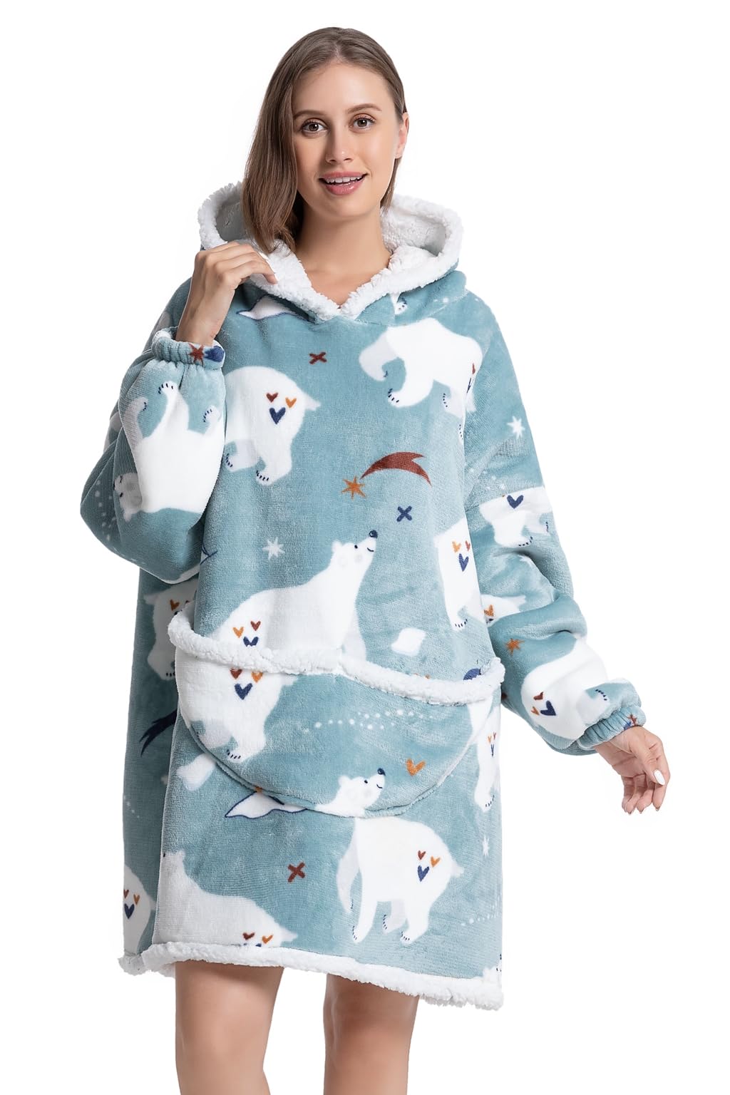 Ksnnrsng Felpe con Cappuccio Donna Uomo Bambine Giganti Oversize Pullover Blanket Hoodie Confortevole Felpa Coperta con Tasca Cappotto Felpone (Orso Polare-Adulto)