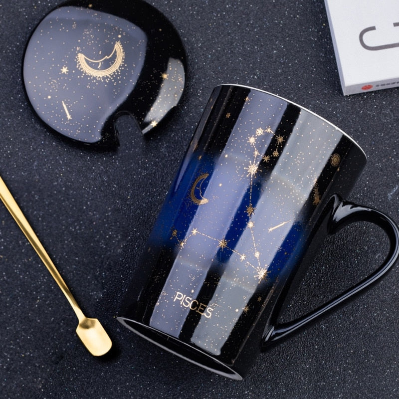 12 Constellations Creative Mugs With Golden Spoon and Lid in White, Dark Blue and Black 420 ml