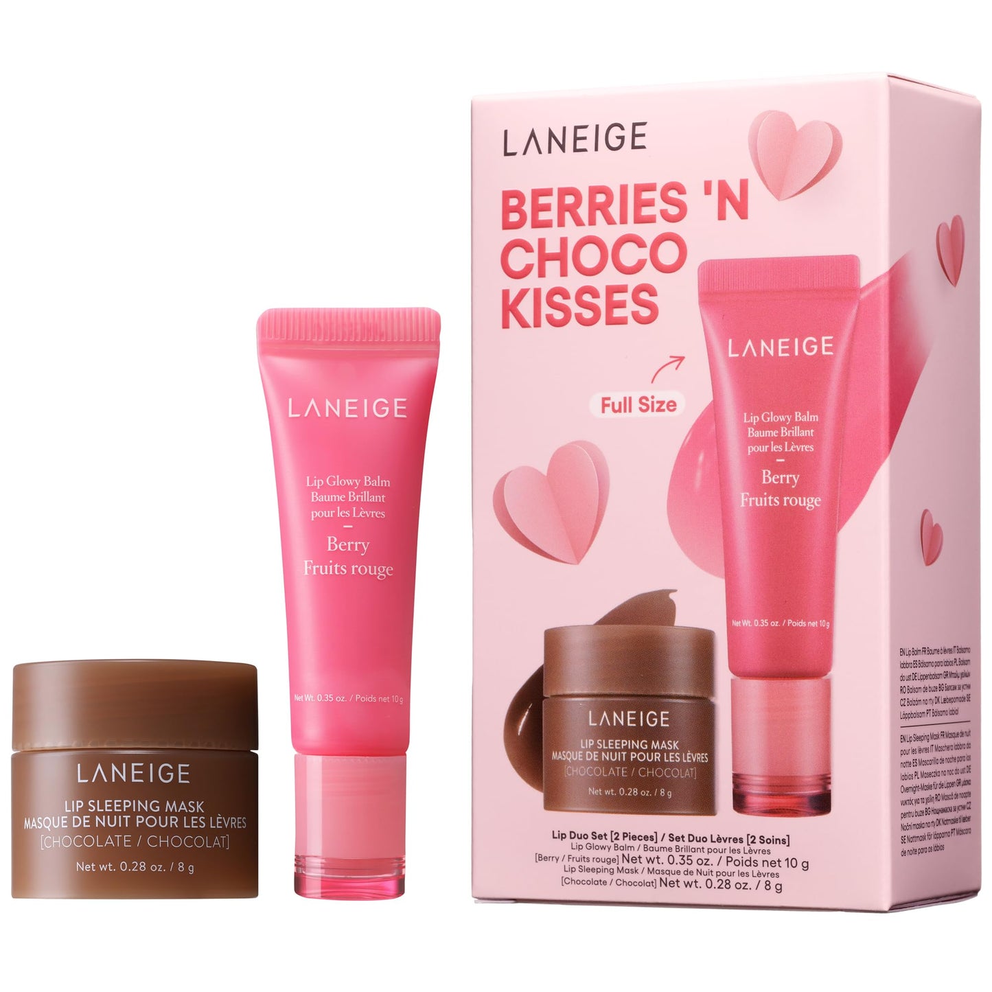 LANEIGE Berries 'N Choco Kisses Set: Lip Glowy Balm Berry (Full Sized) & Chocolate (Travel Sized), Hydrate, Nourish