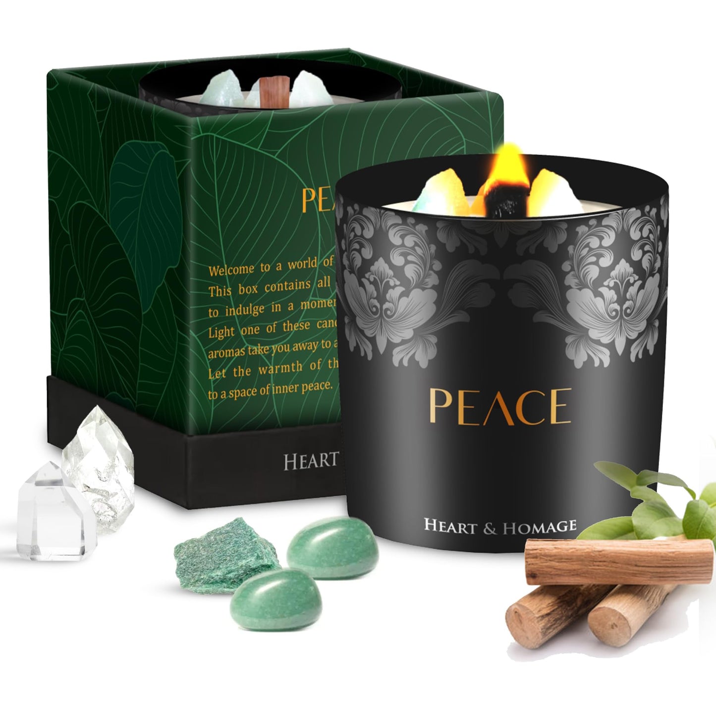 Heart & Homage Natural Scented Meditation Candle with Healing Crystals - Luxurious Wood Wick Candle - Crystal Candle with Premium Gift Packaging, 8.11 oz (Sandalwood)