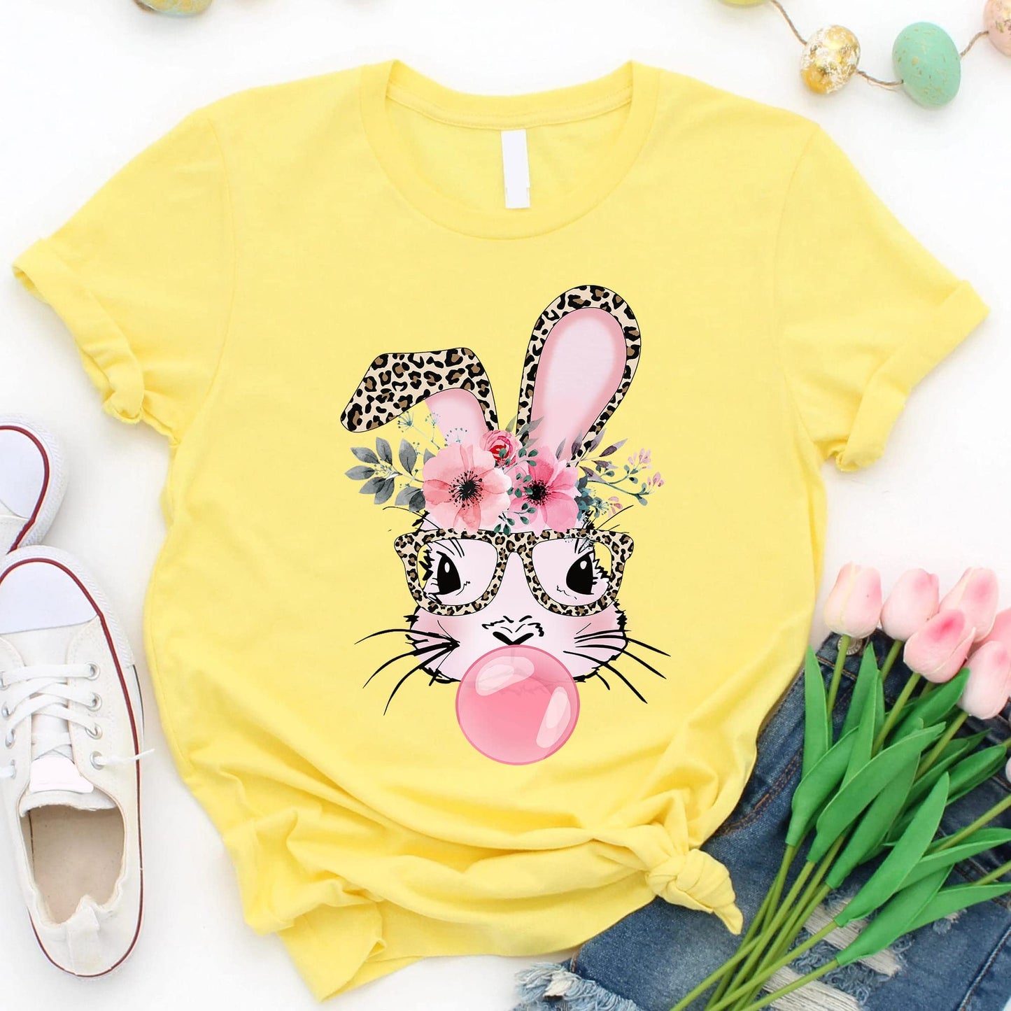 Bunny with Leopard Glasses Shirt, Easter Shirt, Easter Bunny Graphic Tee, Easter Shirts for Women,Ladies Easter Bunny, Bubble Gum Bunny Tee, Multicolored