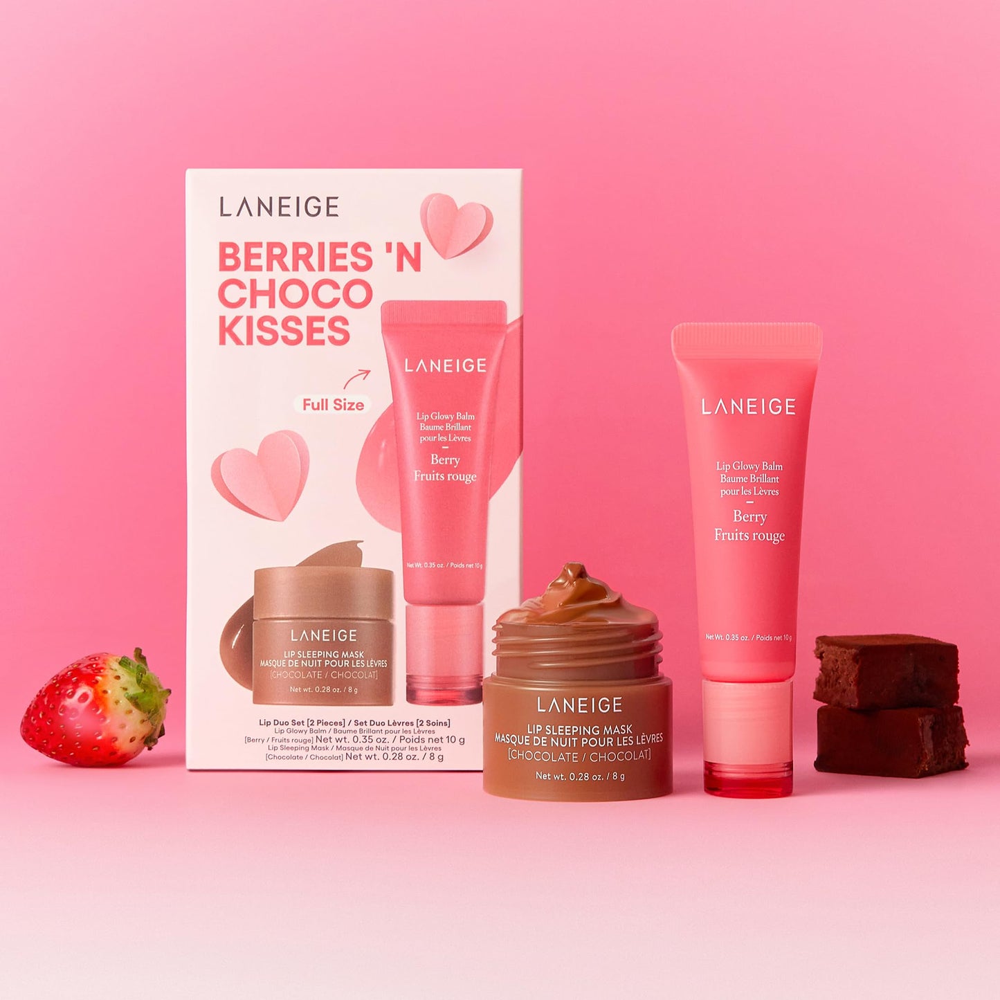 LANEIGE Berries 'N Choco Kisses Set: Lip Glowy Balm Berry (Full Sized) & Chocolate (Travel Sized), Hydrate, Nourish