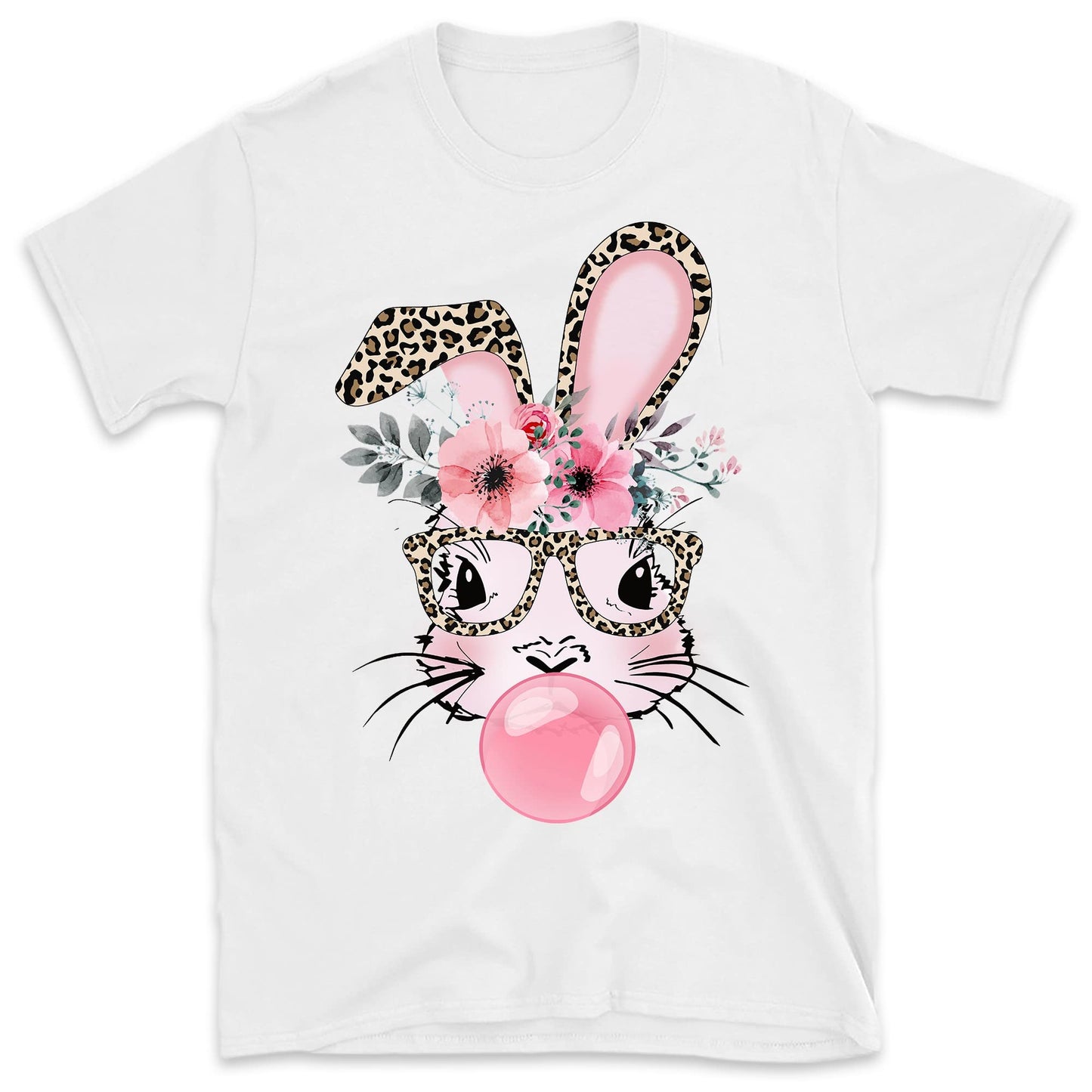 Bunny with Leopard Glasses Shirt, Easter Shirt, Easter Bunny Graphic Tee, Easter Shirts for Women,Ladies Easter Bunny, Bubble Gum Bunny Tee, Multicolored