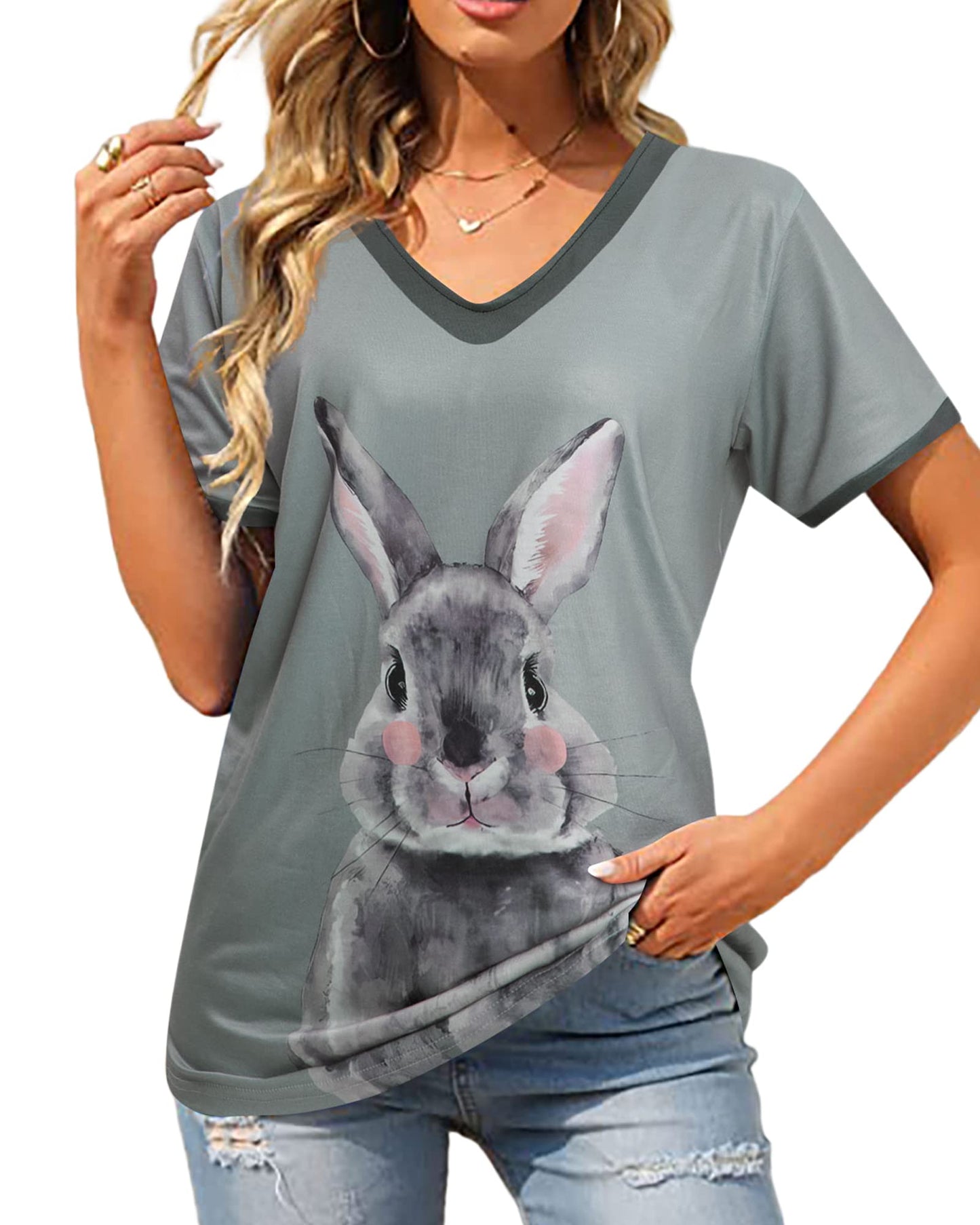 Easter Bunny Shirt for Women Cute Rabbit Short Sleeve V Neck Tee Casual Printed Holiday Tops Gray