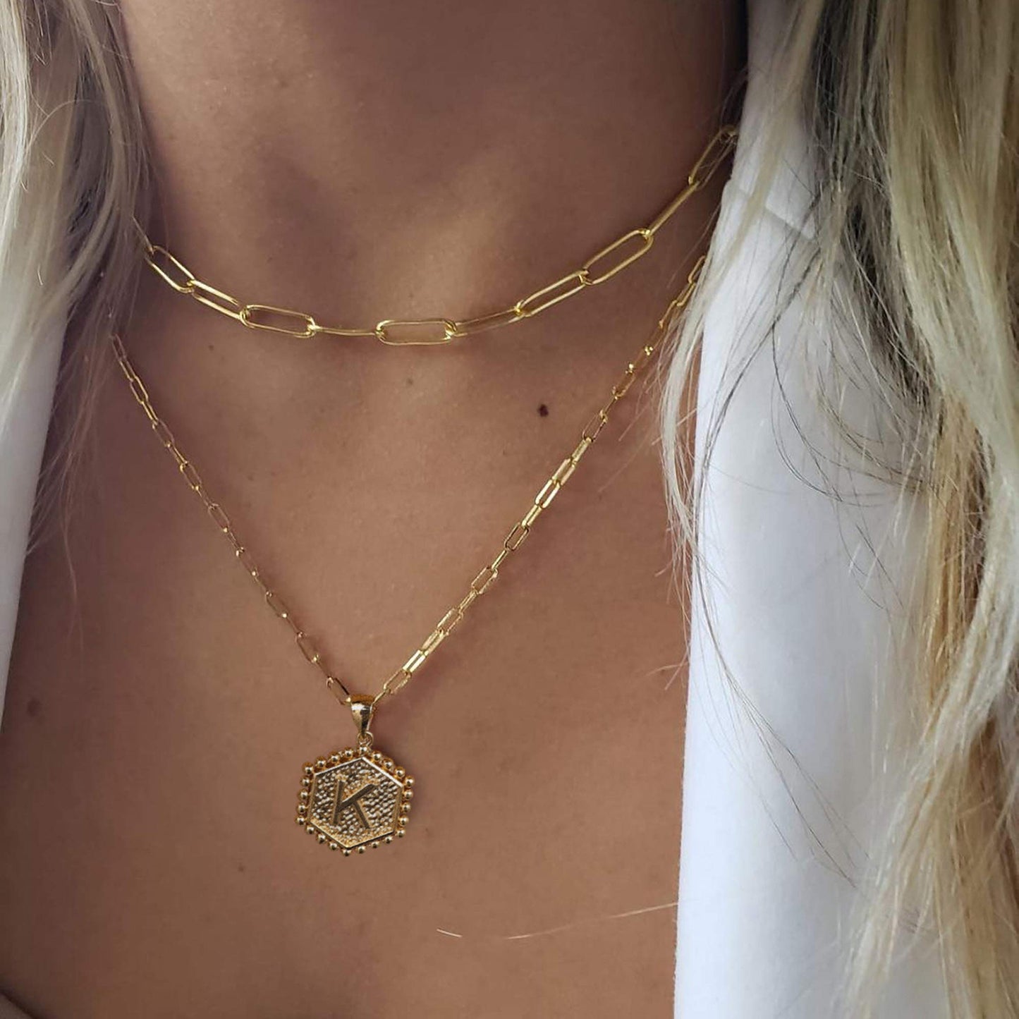 MMOOHAM Dainty Gold Initial Hexagon Necklace - Layered Choker for Women and Teen Girls