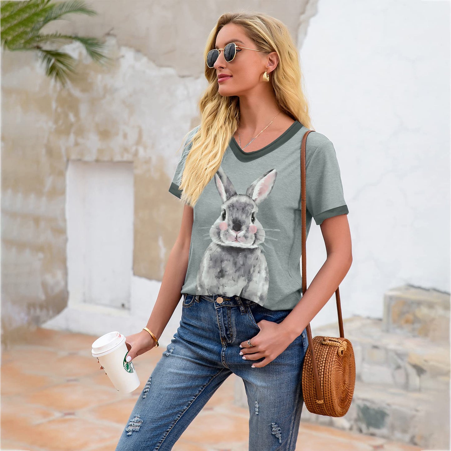 Easter Bunny Shirt for Women Cute Rabbit Short Sleeve V Neck Tee Casual Printed Holiday Tops Gray