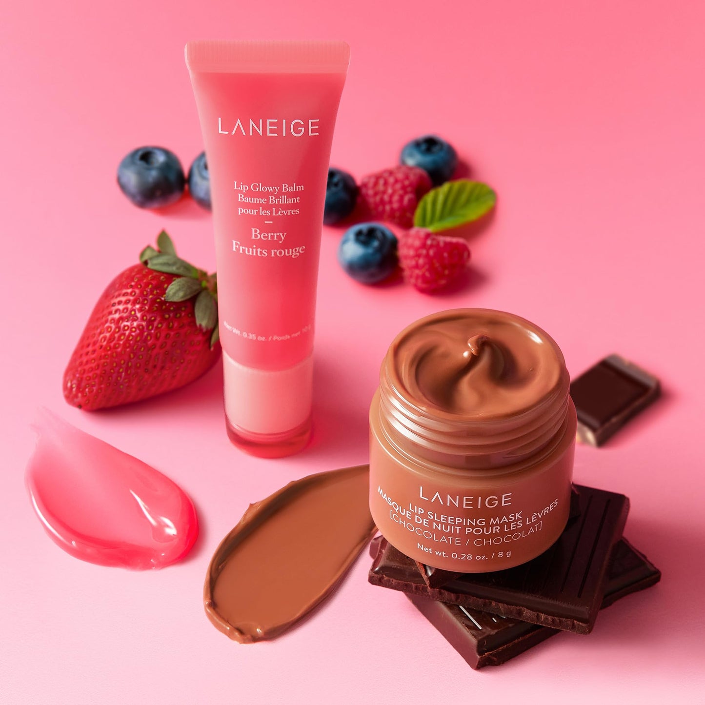 LANEIGE Berries 'N Choco Kisses Set: Lip Glowy Balm Berry (Full Sized) & Chocolate (Travel Sized), Hydrate, Nourish