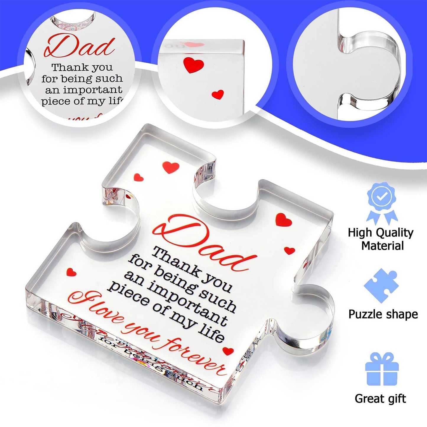 VELENTI Dad Birthday Gift - Engraved Acrylic Block Puzzle Birthday Gifts for Dad 3.35 x 2.76 inch - Cool Dad Presents from Daughter, Son, Mom - Heartwarming Men Birthday Gift, Ideas Paperweights