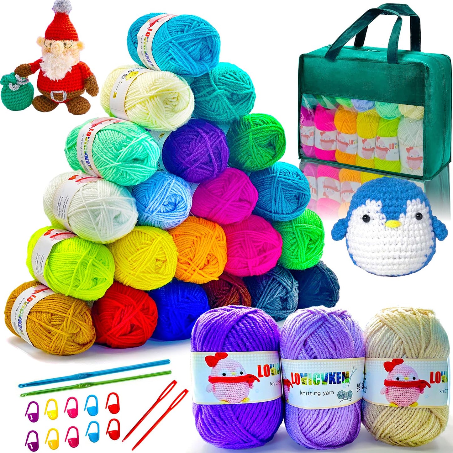 AWFENGL Wool Knitting Balls, 24 Color Pack of Acrylic Wool, Multicolor Knitting Wool with 2 Crochet Hooks, Acryl Wool Yarns for Crochet and Knitting