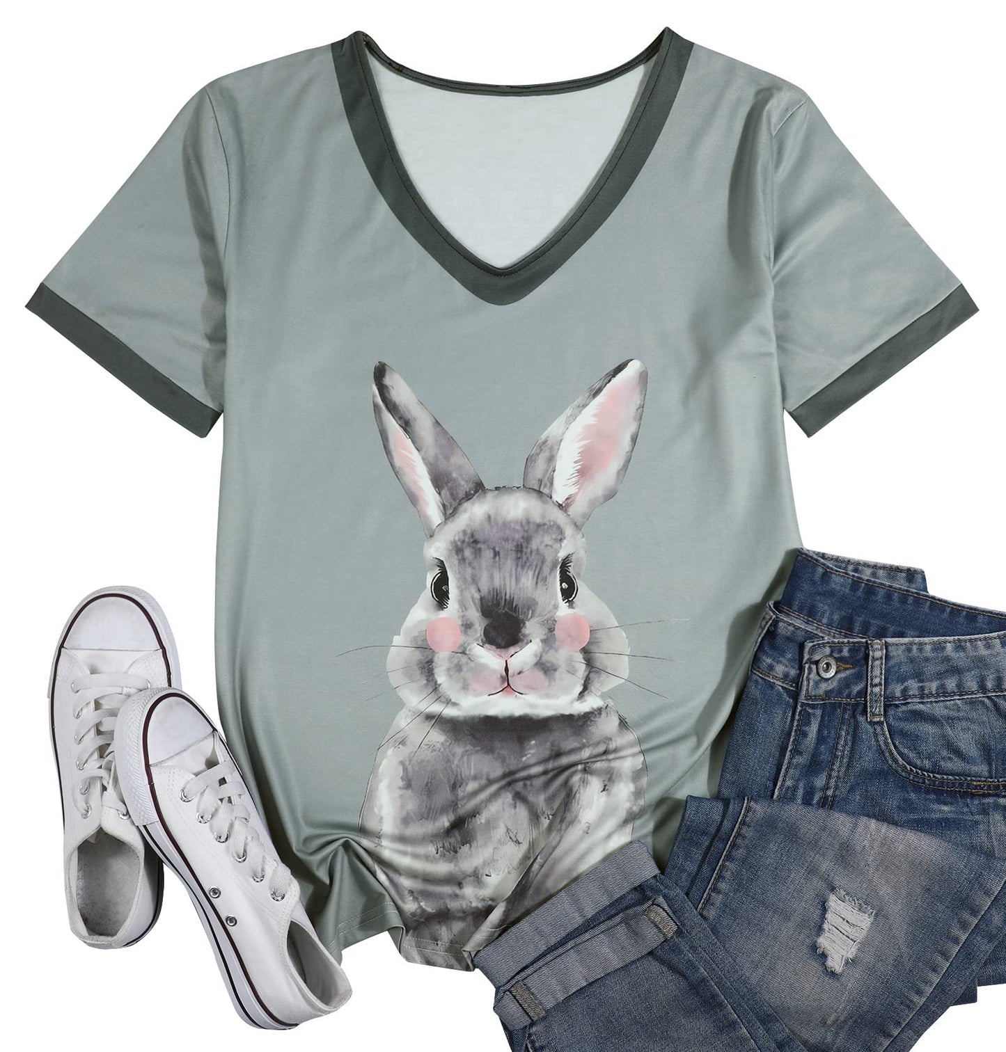 Easter Bunny Shirt for Women Cute Rabbit Short Sleeve V Neck Tee Casual Printed Holiday Tops Gray