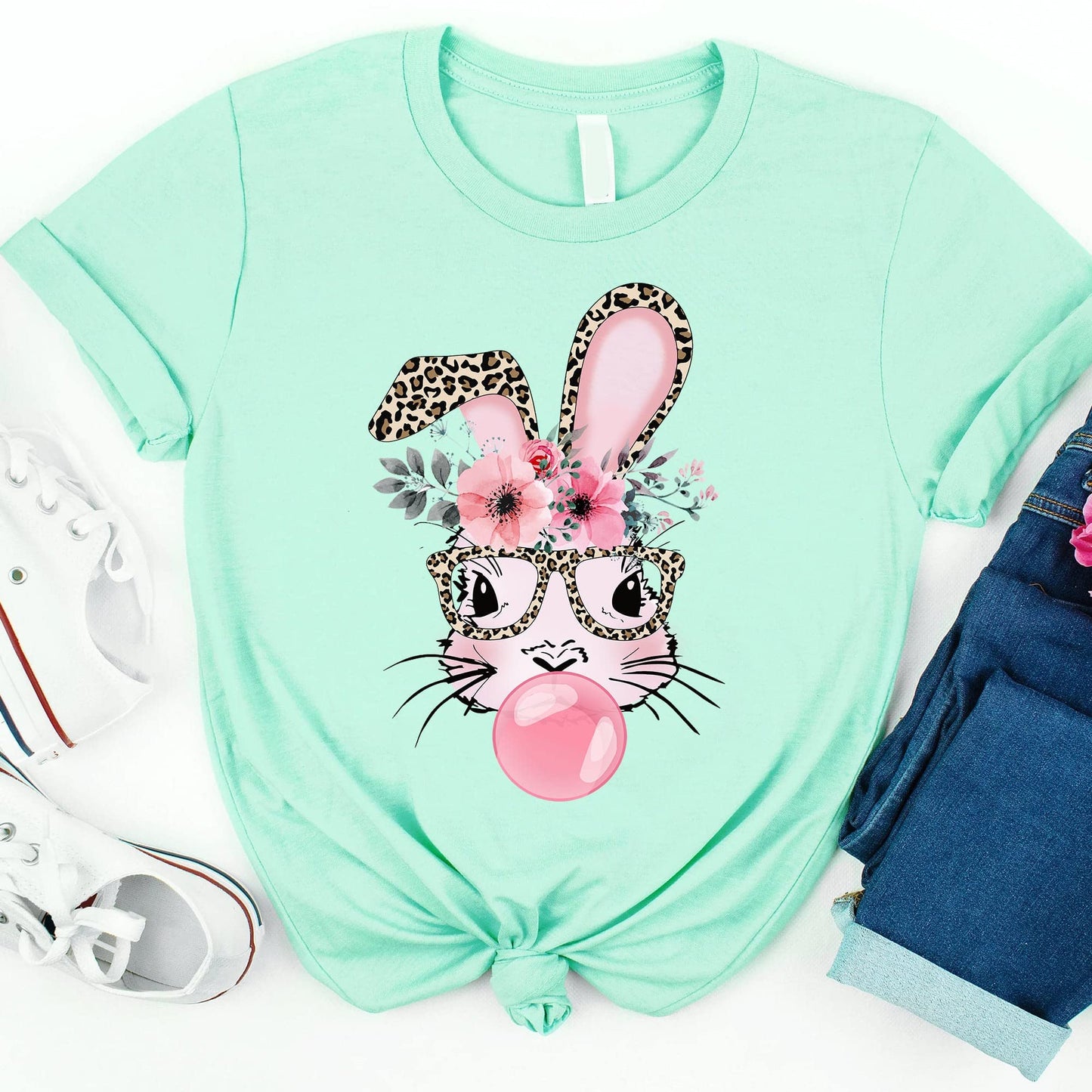 Bunny with Leopard Glasses Shirt, Easter Shirt, Easter Bunny Graphic Tee, Easter Shirts for Women,Ladies Easter Bunny, Bubble Gum Bunny Tee, Multicolored