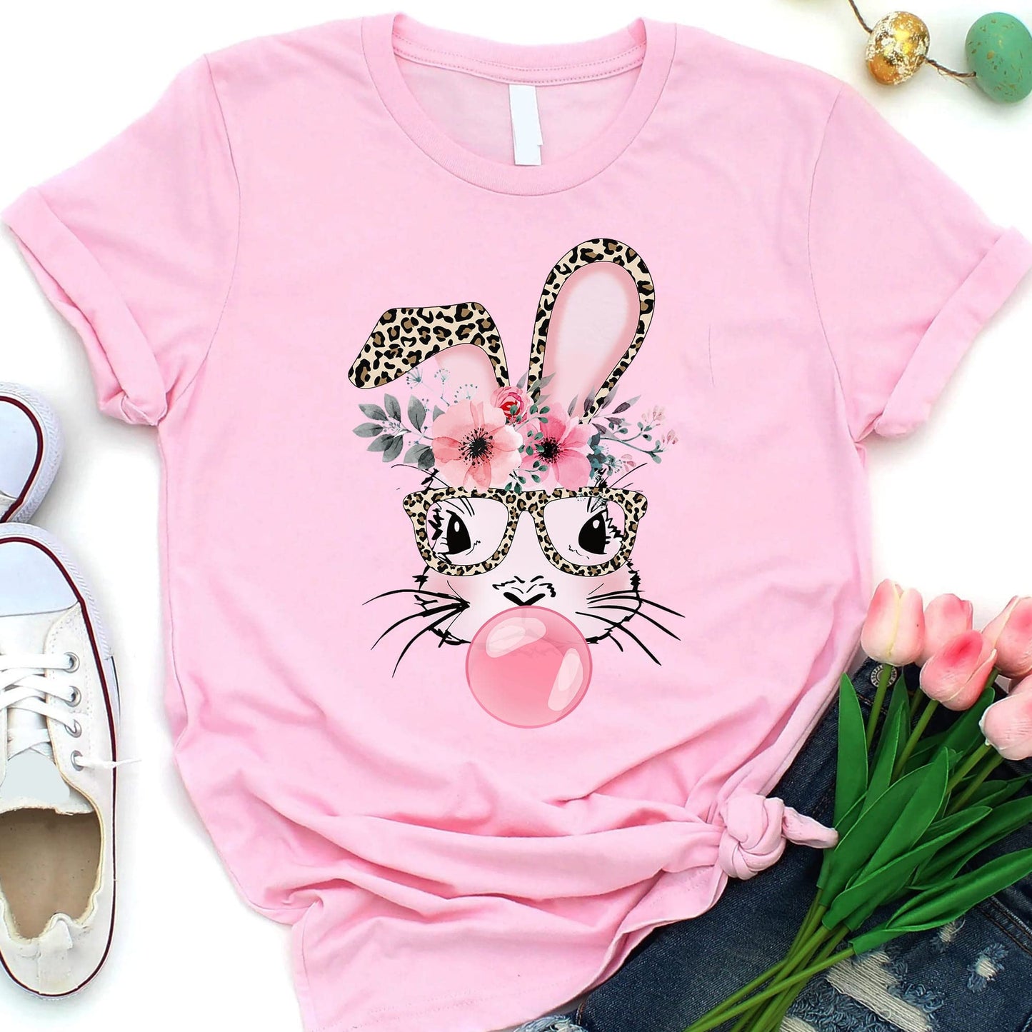 Bunny with Leopard Glasses Shirt, Easter Shirt, Easter Bunny Graphic Tee, Easter Shirts for Women,Ladies Easter Bunny, Bubble Gum Bunny Tee, Multicolored