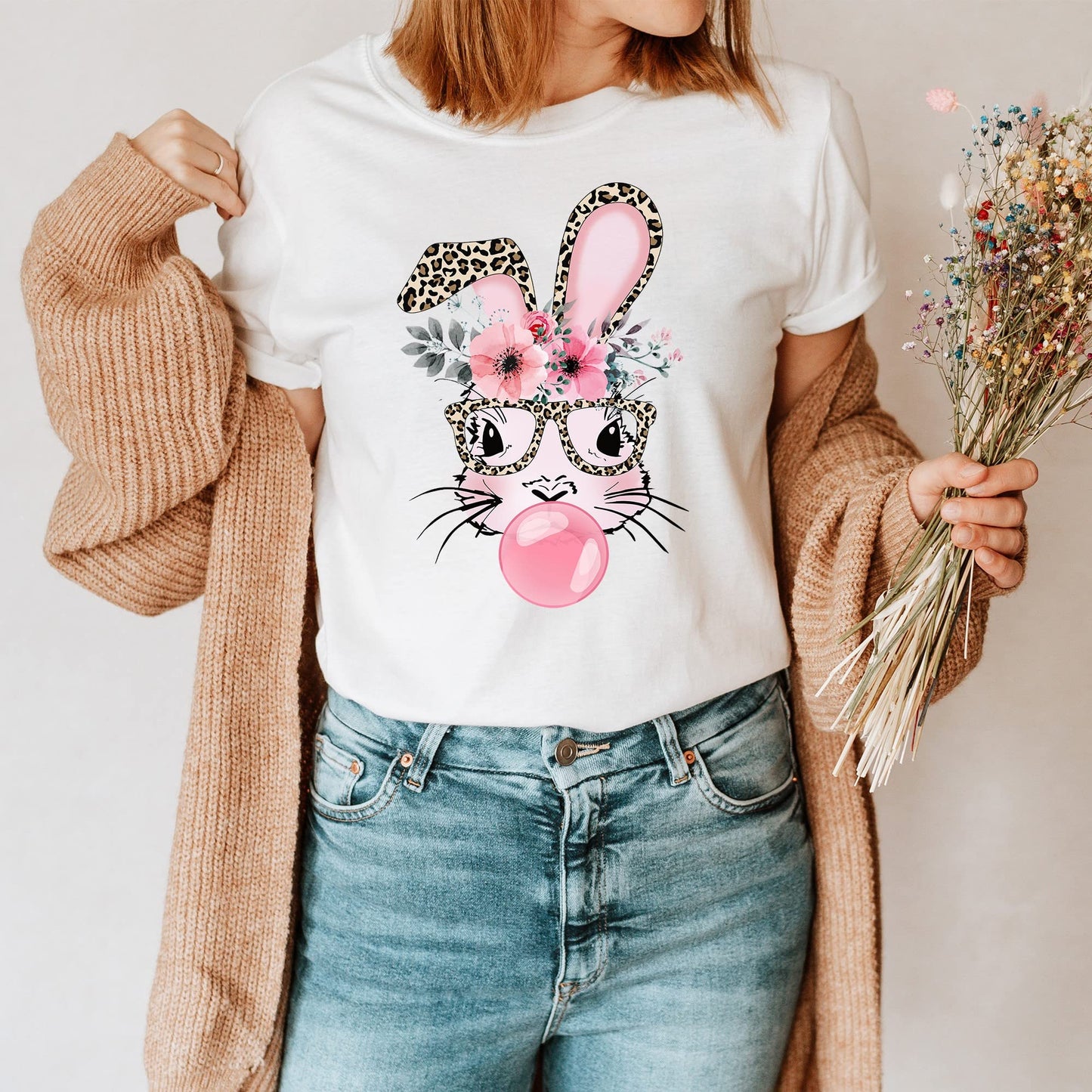 Bunny with Leopard Glasses Shirt, Easter Shirt, Easter Bunny Graphic Tee, Easter Shirts for Women,Ladies Easter Bunny, Bubble Gum Bunny Tee, Multicolored