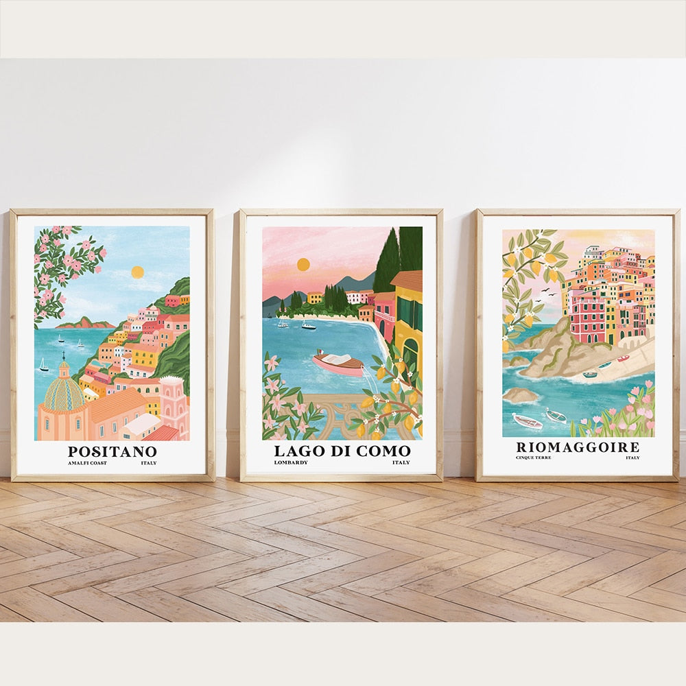 Italy Travel Posters Cinque Terre Lake Como Amalfi Coast Resort Prints Wall Art Canvas Painting Tourism City Picture Home Decor