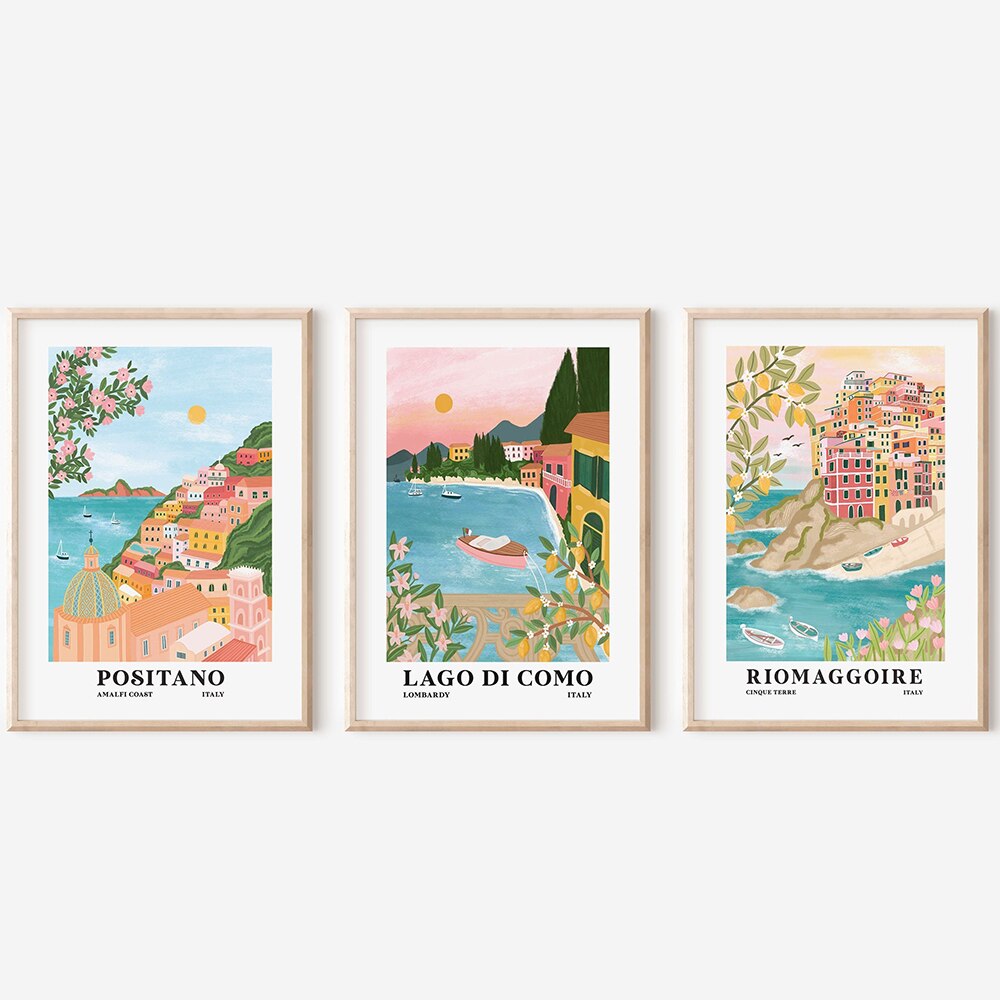 Italy Travel Posters Cinque Terre Lake Como Amalfi Coast Resort Prints Wall Art Canvas Painting Tourism City Picture Home Decor