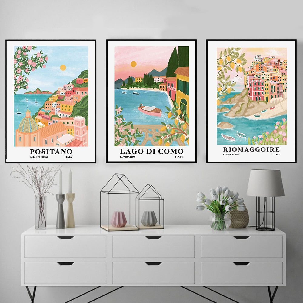 Italy Travel Posters Cinque Terre Lake Como Amalfi Coast Resort Prints Wall Art Canvas Painting Tourism City Picture Home Decor