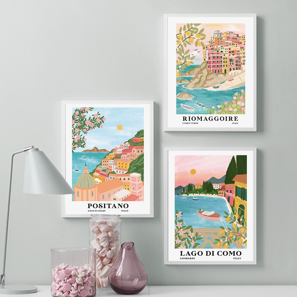 Italy Travel Posters Cinque Terre Lake Como Amalfi Coast Resort Prints Wall Art Canvas Painting Tourism City Picture Home Decor