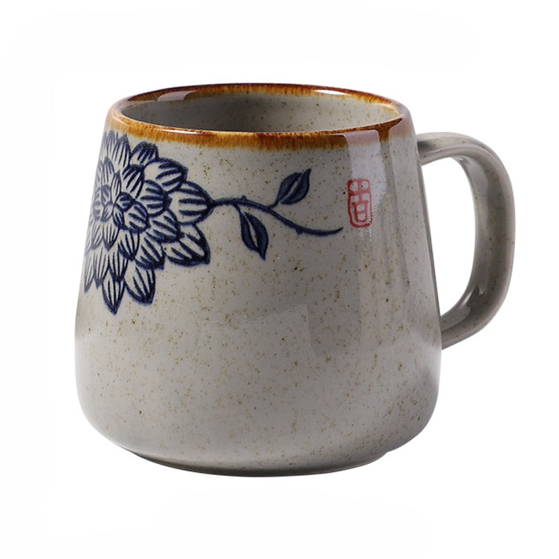 Vintage Coffee Mug Unique Japanese Retro Style Ceramic Cups, 380ml Kiln Change Clay Breakfast Cup Creative Gift for Friends