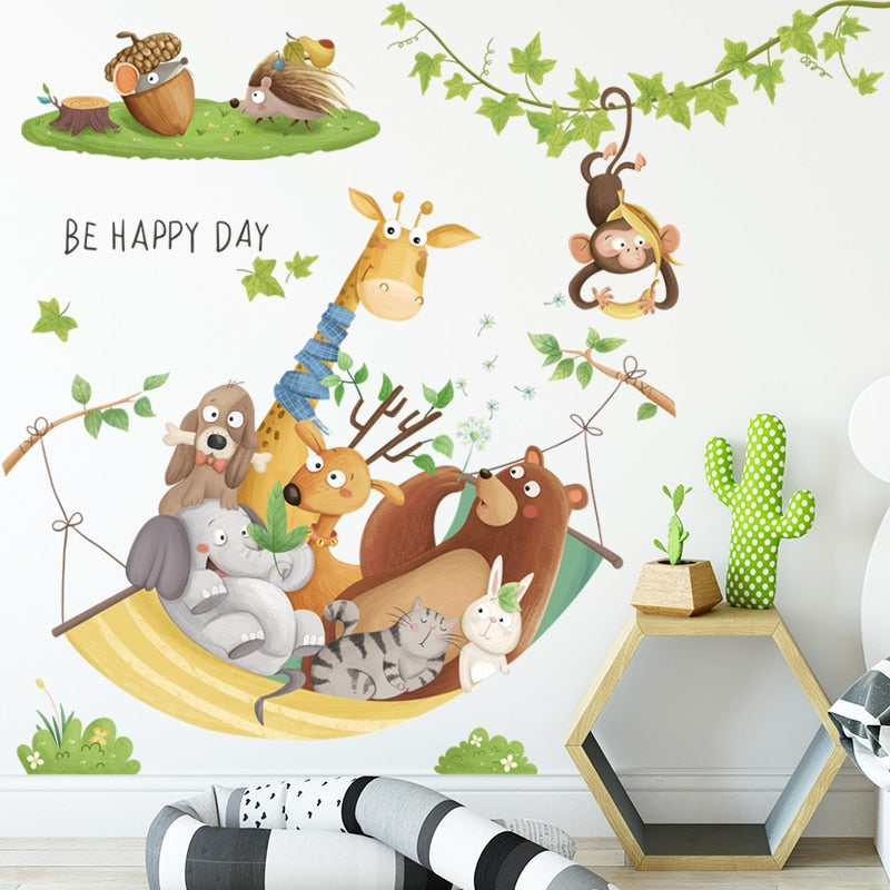 Cartoon Giraffe Wall Stickers for Kids rooms Kindergarten Wall Decor Self-adhesive Vinyl PVC Wall Decals for Nursery Home Decor